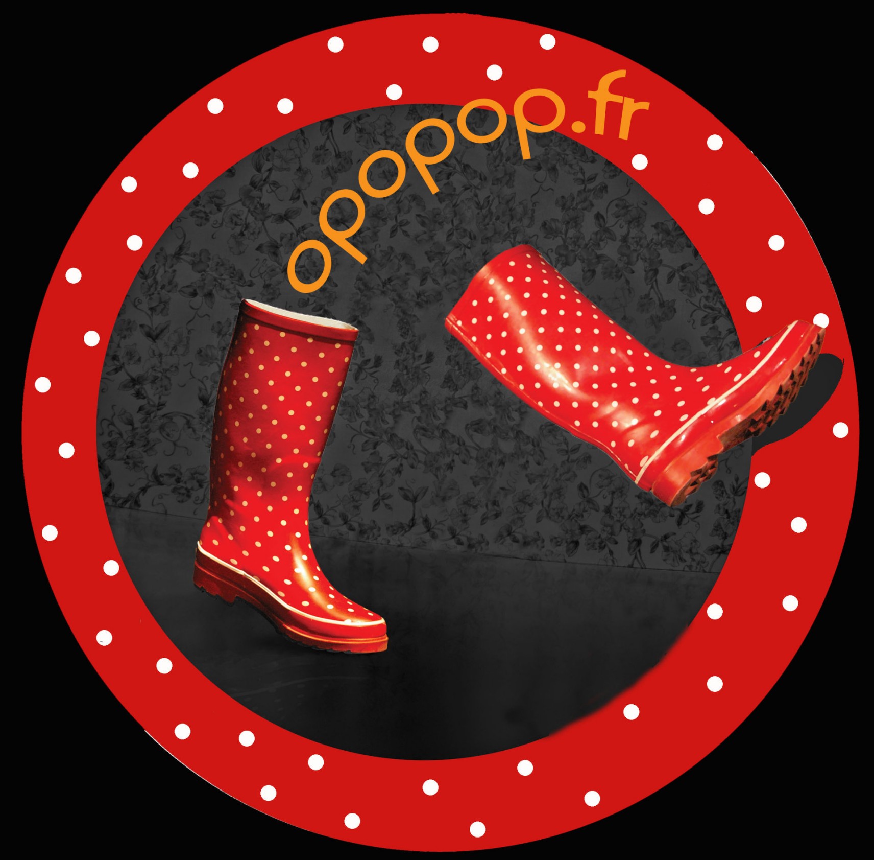 Logo de la compagnie Opopop avec deux bottes rougese spectacle Rosie Rose jeune public jonglage