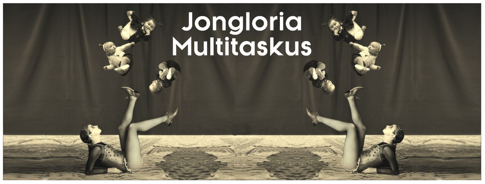 Black and white photo of juggler Karen Bourrant juggling babies with her feet, baby antipodism